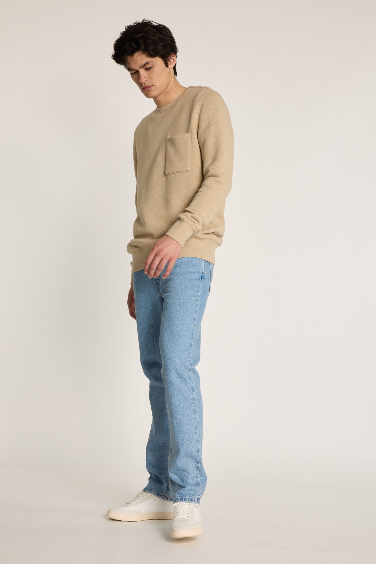 Barkers Bealey Twill Crew in oatmeal marl, relaxed fit, alternate view