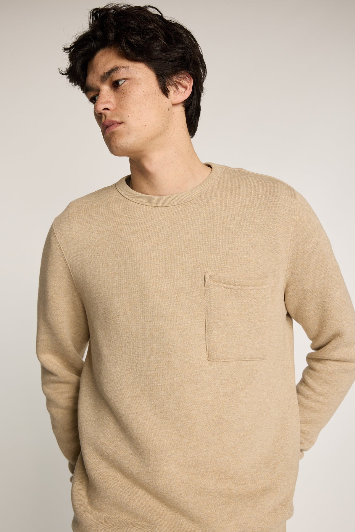 Barkers Bealey Twill Crew in oatmeal marl, relaxed fit, additional view