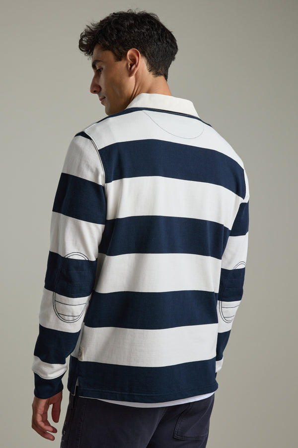 Man in Barkers Provincial Long Sleeve Rugby Jersey, navy and white, seen from the back.