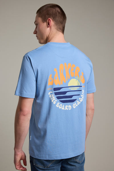 Barkers Long Board Classic Print Tee in sky blue, classic fit