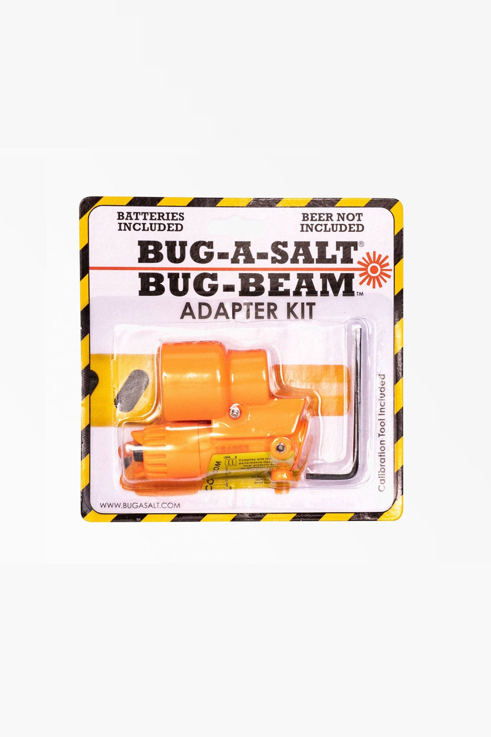 The Barkers Bug-A-Salt Laser Beam is an orange attachment in plastic packaging with yellow and black caution stripes, designed to boost accuracy. The pack says “Batteries included” and “Beer not included.”.