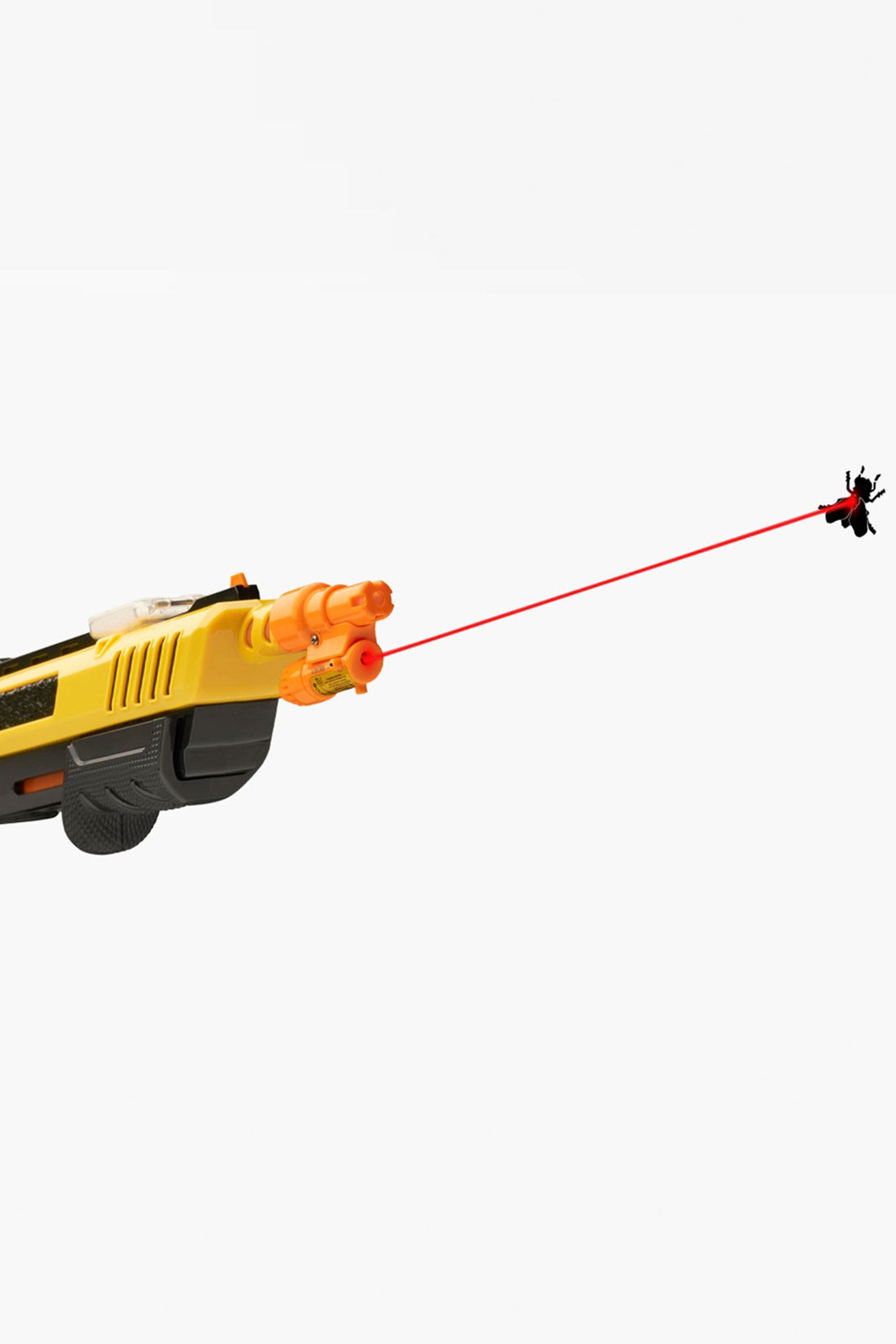The Barkers Bug-A-Salt Laser Beam, a yellow and black fly killer toy gun with an orange tip and red laser for accuracy, targets a flying insect against a plain white background.