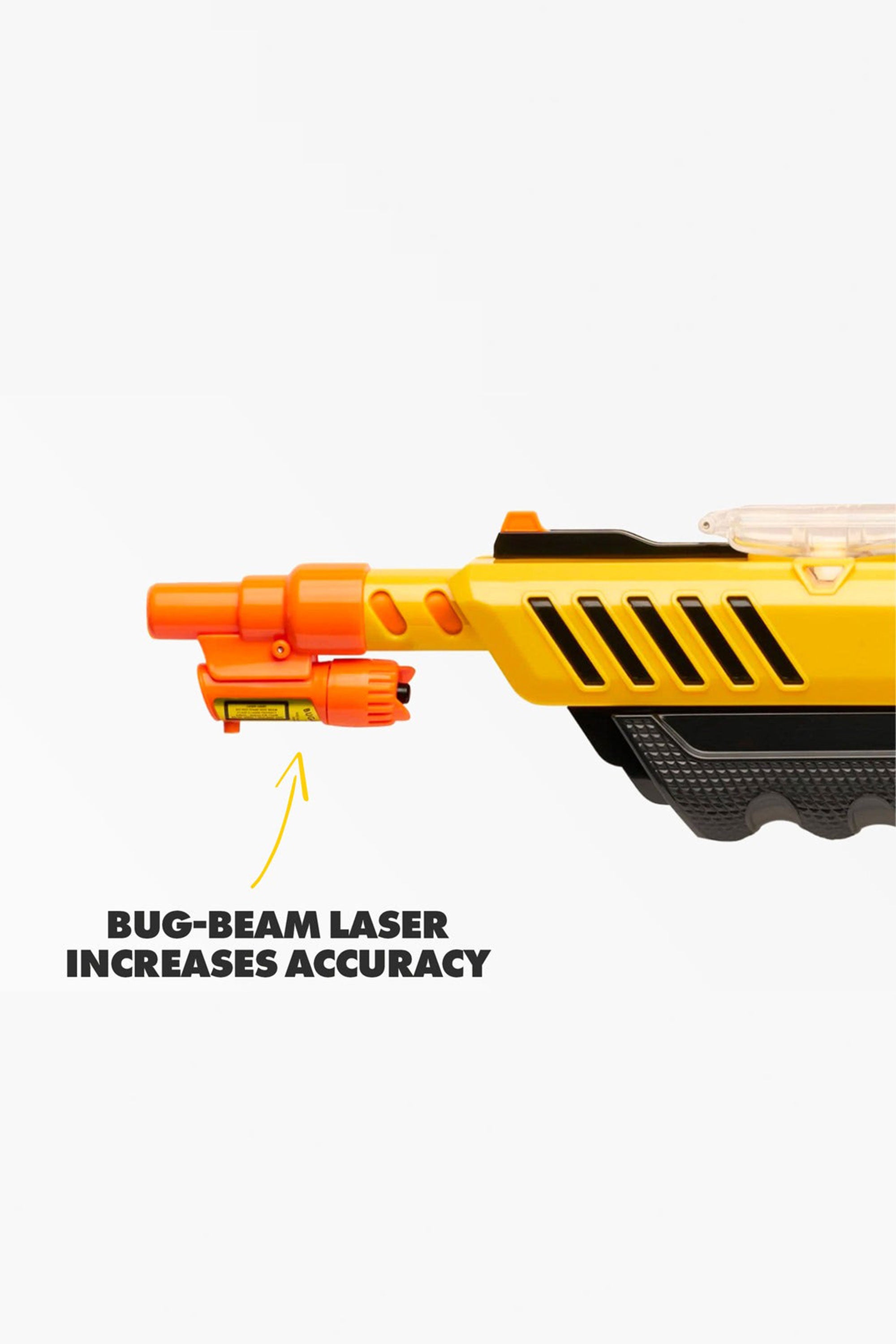 A close-up of the yellow Barkers Bug-A-Salt Laser Beam, an orange laser attachment for increased accuracy, is shown on a white background with only the front half of this fly killer accessory visible.