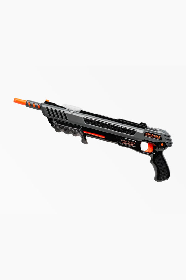 The Bug-A-Salt 3.0 Black Fly by Other is a black and gray plastic fly-elimination toy gun with orange accents and barrel tip, shotgun-inspired, shown on a white background.