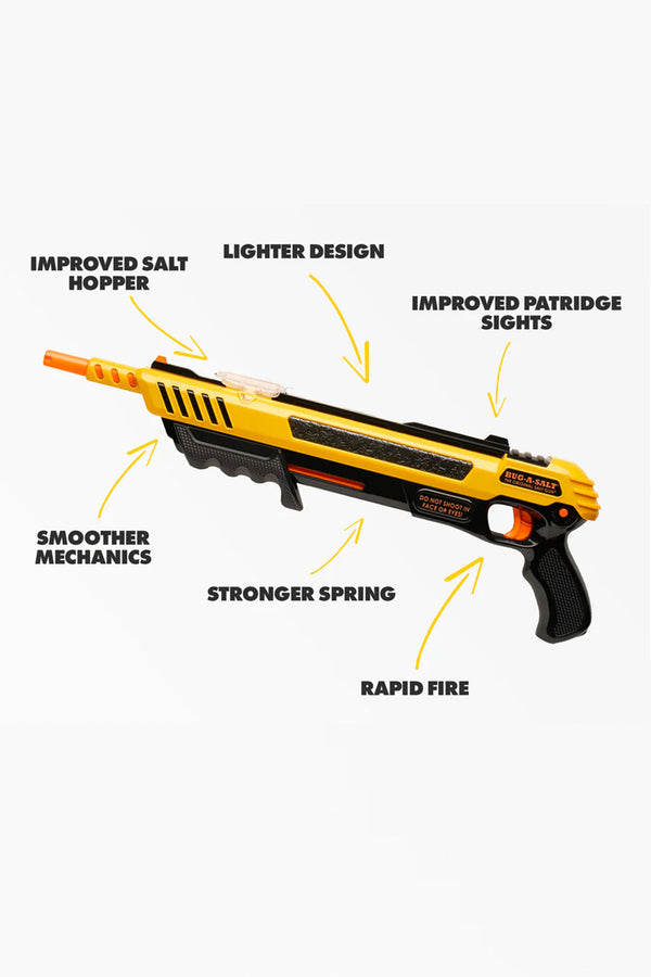 The Bug-A-Salt 3.0 Black Fly by Other is a yellow and black toy gun with improved salt hopper, lighter design, upgraded partridge sights, smoother mechanics, stronger spring, rapid fire action, orange tip, and black handle for easy fly elimination.