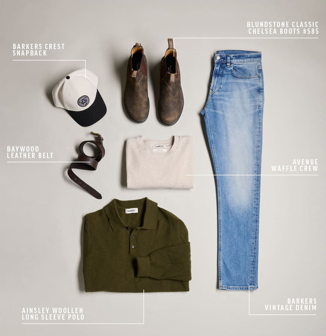 Flat lay of men's casual NZ outfit: boots, jeans, sweater, polo, cap, and leather belt.