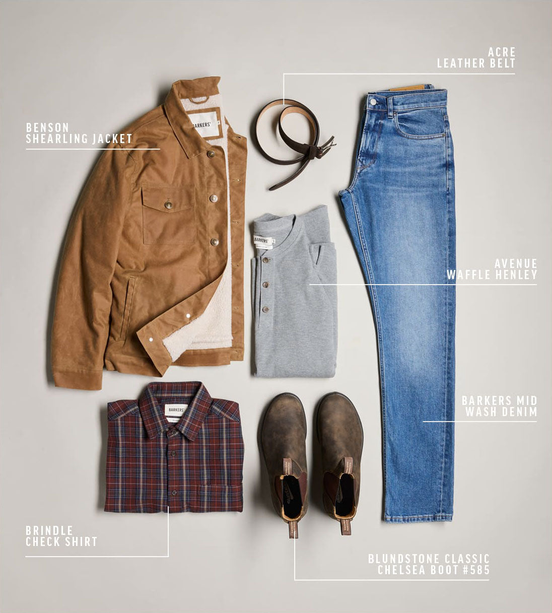 Flat lay of NZ brown jacket, plaid shirt, gray top, jeans, boots, and leather belt.