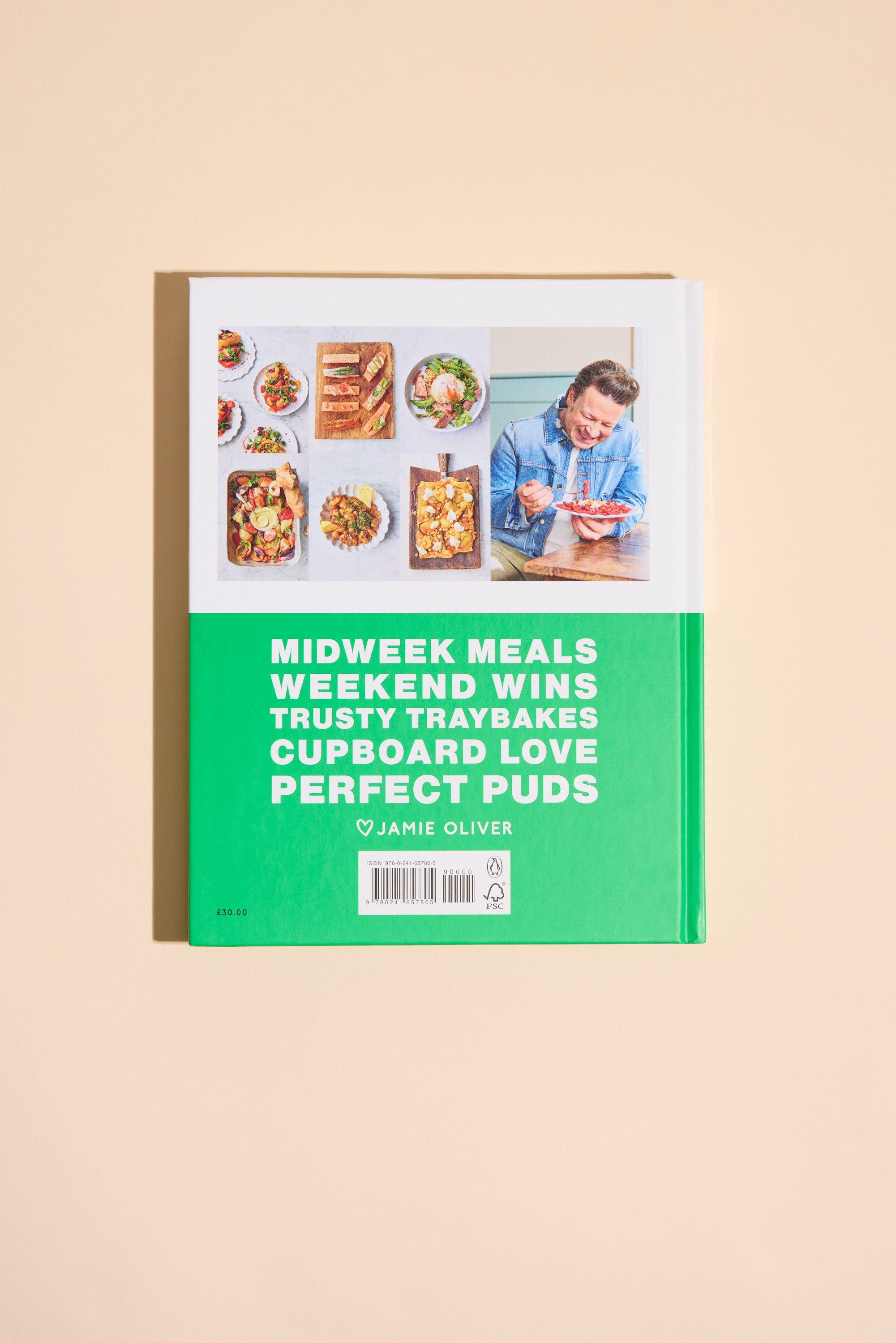 Simply Jamie by Other is a cookbook with a green cover, packed with food photos and Jamie enjoying his creations. It features easy recipes for midweek meals, weekend wins, traybakes, cupboard staples, and perfect desserts.
