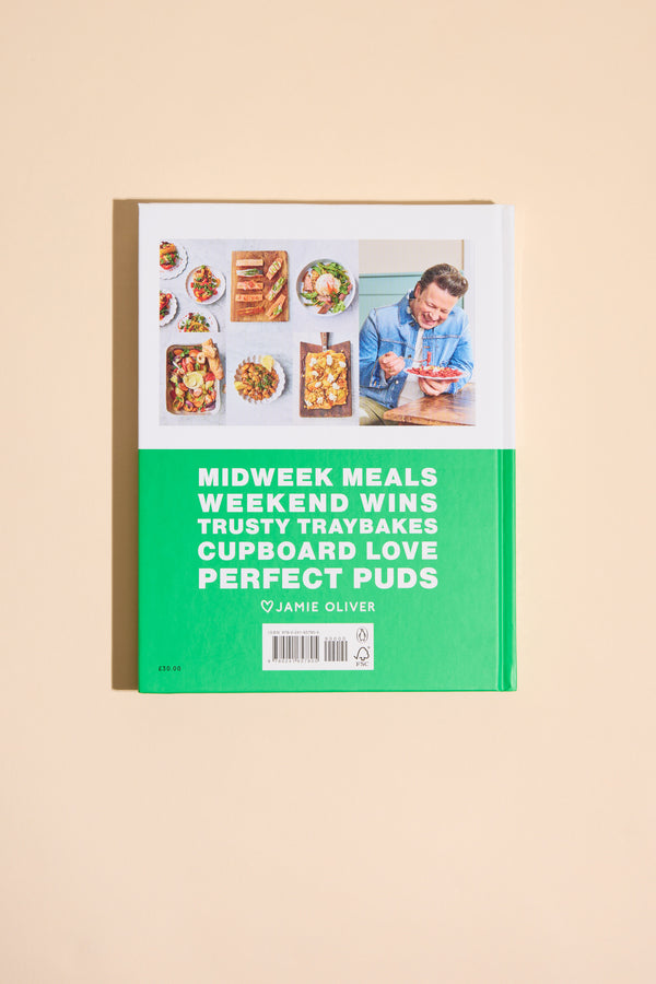 Simply Jamie by Other is a cookbook with a green cover, packed with food photos and Jamie enjoying his creations. It features easy recipes for midweek meals, weekend wins, traybakes, cupboard staples, and perfect desserts.