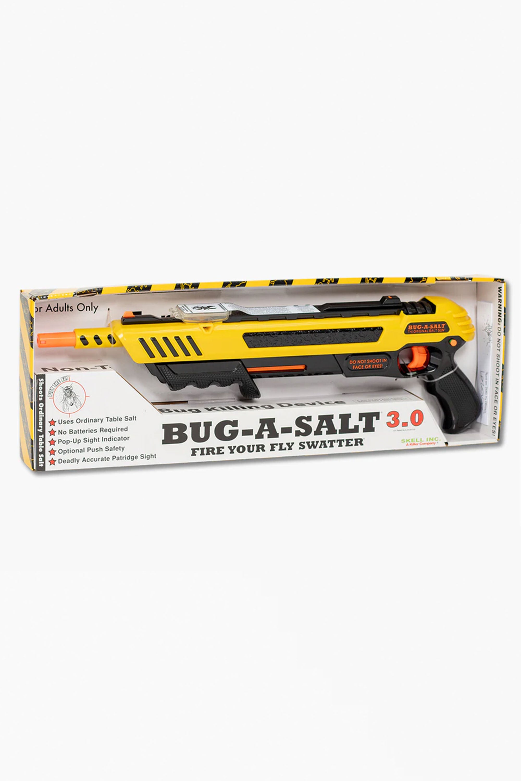The Bug-A-Salt 3.0 Black Fly by Other is a boxed fly swatter gun with a yellow and black design, labeled "Fire Your Fly Swatter," offering improved accuracy for effective fly elimination using ordinary table salt.