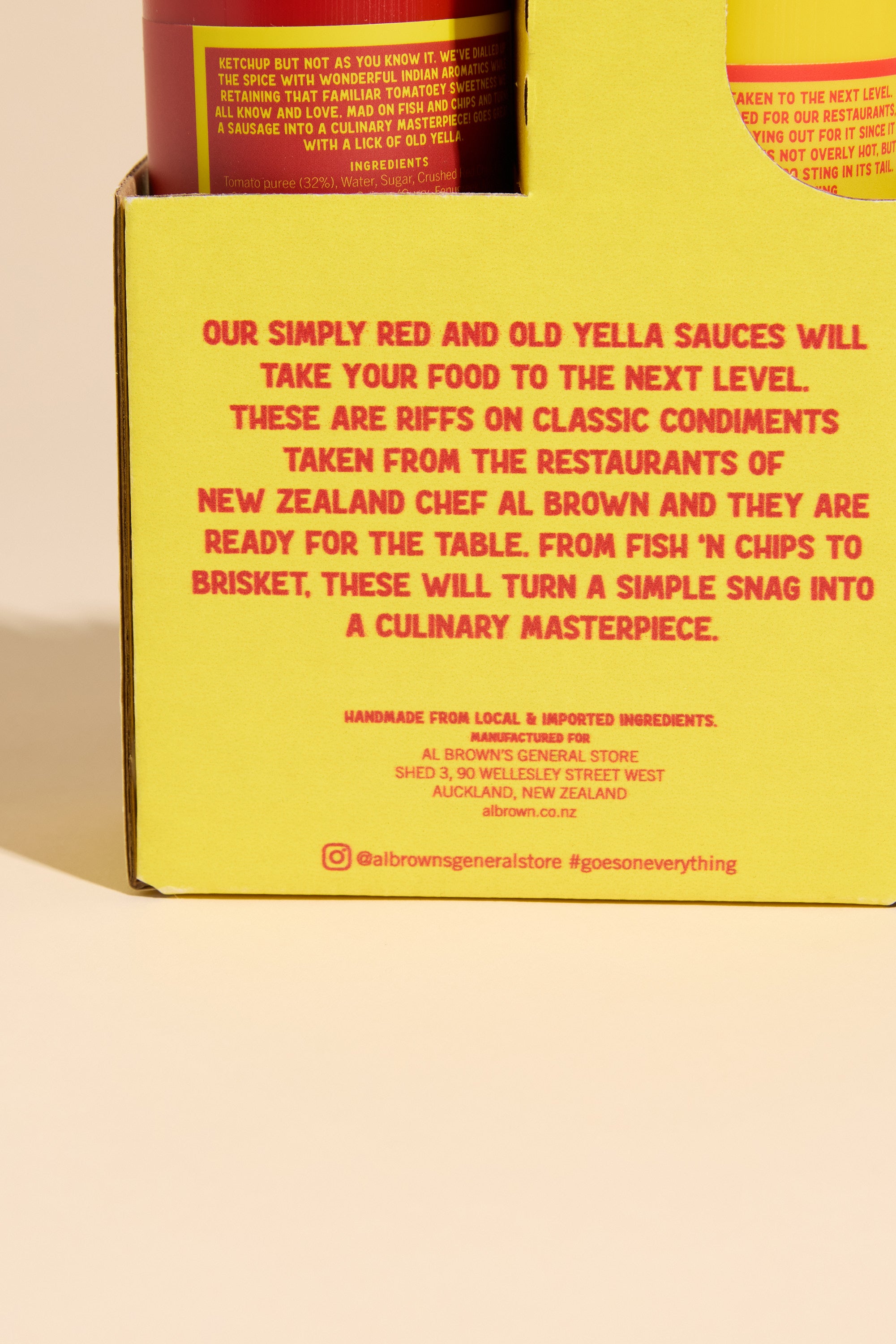 A close-up of Al's Old Yella & Simply Red Sauce Caddy shows yellow packaging with red text, designed to enhance fish, chips, and brisket. Brand and contact details are displayed at the bottom.