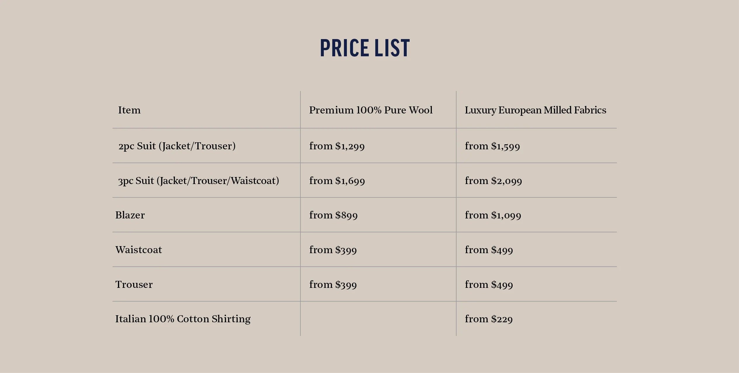 made-to-measure-price-list