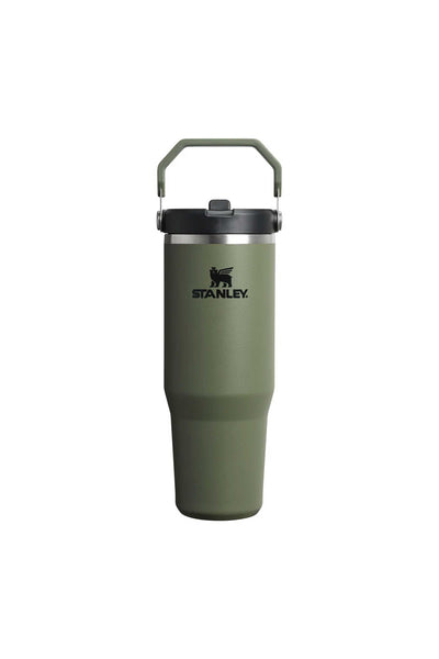 The Stanley IceFlow Flip Straw Tumbler 30 OZ, shown upright on a white background, is green with a handle, stainless steel rim, black lid, and features double-wall vacuum insulation.
